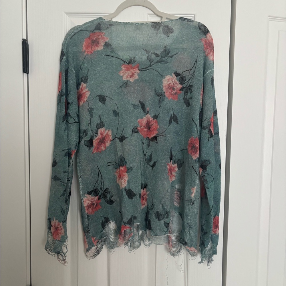 R13 Teal Floral Sheer V-Neck Knit Top with Pink Roses - Picture 2 of 4